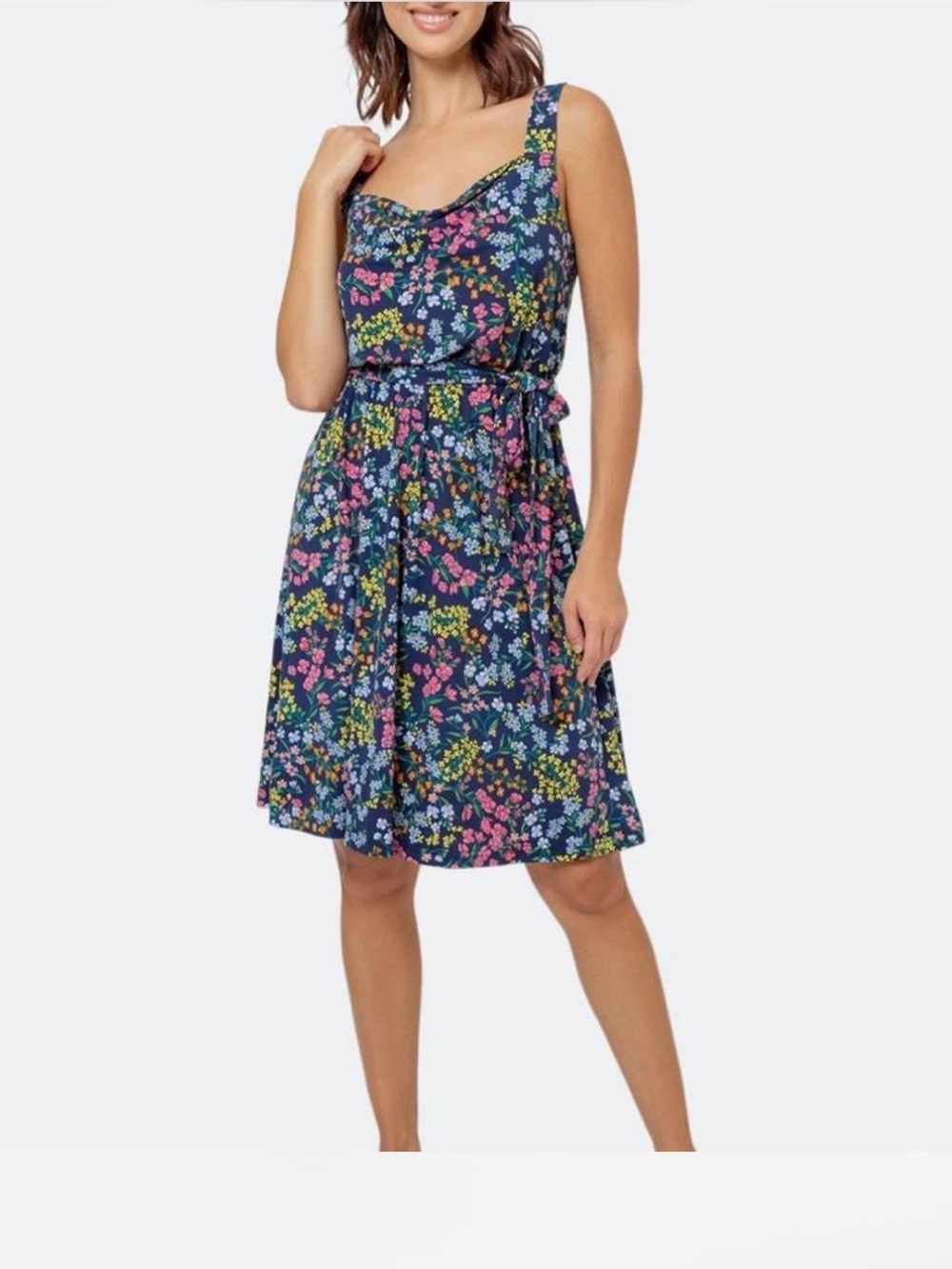 Leota Navy Floral Midi Dress with Pink, Yellow & Green Accents - Picture 2 of 8